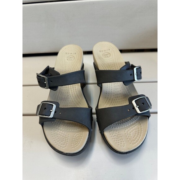 Crocs Women's Brown Cobbler Wedge Platform Double Strap Buckle Comfy Slides 9 - Picture 3 of 7